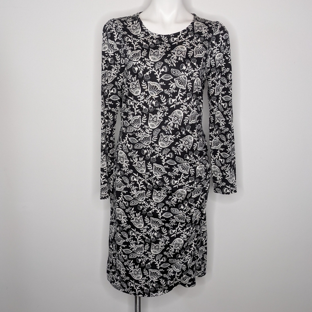 Boden Black White Whimsical Floral Long Sleeve Jersey Dress 10L
